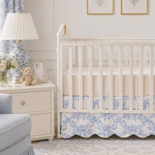 Image of Brandream Scallop Edge Organic Cotton Crib Skirt Girls Toddler Bedskirt Baby Nursery Crib Bed Skirt French Vintage Cottagecore Rose Flowers Bows Neutral Light Blue Farmhouse Chic Boho Bohemian Skirt