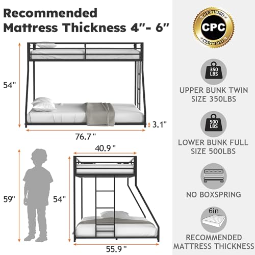 Zevemomo Twin Over Full Size Bunk Bed, Metal Low Profile Bunkbeds with Full-Length Guardrail and Ladder, Space Saving, No Boxing Spring Needed, Black - Thumbnail 2