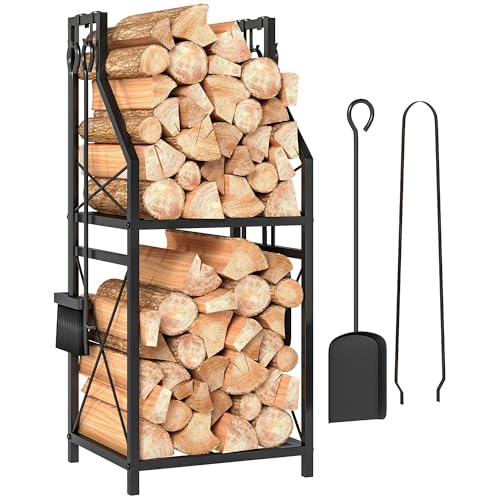 Outsunny Estante de Leña Metálico de Chimenea, Soporte para Leña de 2 Niveles, Leñero Exterior con 4 Herramientas, Ganchos y Base Elevada, para Interior y Exterior, 34x30x80 cm, Negro