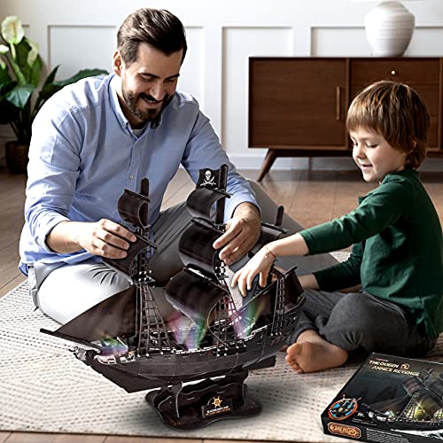 Hicfen 3D Puzzles For Adults Pirate Ship Large Queen Anne’s Revenge Nautical Led Model Ship Kit, Family Watercraft Building Kits Desk Decor Birthday Gift For Men And Teens 111 Pieces #TOP3
