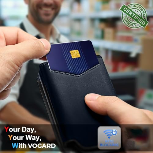 Image of VOGARD RFID Blocking Pop-Up Wallet for Men | Slim Leather Bifold Wallet with Metal Card Holder, Magnetic Flip, ID Window & Cash Pocket | Holds 10 Cards Blue