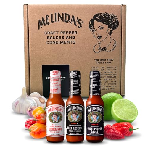 Image of Melinda's Hot Sauce Variety Pack - Extra Spicy Gourmet Hot Sauce Gift Set with Variety of Heat Levels - Includes Extra, XXXXtra Reserve, Ghost Pepper - 5 oz, 3 Pack