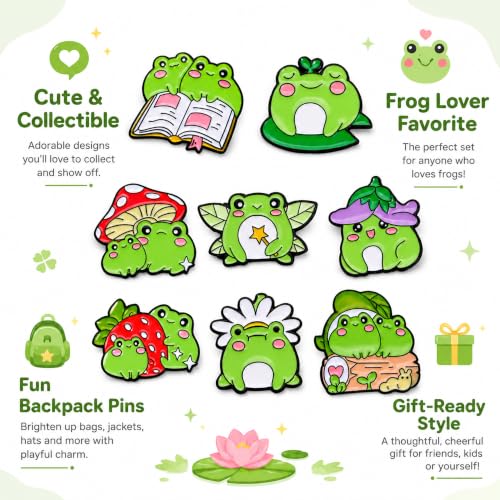 Image of 8Pcs Kawaii Frog Enamel Pin Set Cute Cartoon Frog Brooches, Lapel Pins for Backpacks, Jackets, Hats, Perfect Gifts for Women, Teens