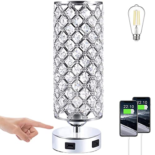 Brabola Crystal Table Lamps, Silver Touch Lamp for Bedside Bedroom Desk Lamp with 2 USB Charging Ports Bedside Table Room Decor for Kids Room Home Office Living Room Bar Restaurant