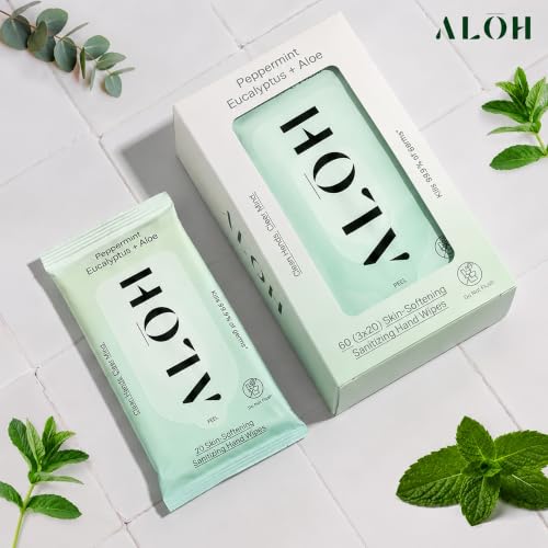 Image of ALŌH Peppermint Eucalyptus + Aloe Hand Sanitizer Wipes, Travel Size | Clean Hands, Clear Mind, On The Go for Kids and Adults | Alcohol Free, Moisturizing, Scented | 6 Pack 20ct Wipes (120 wipes)