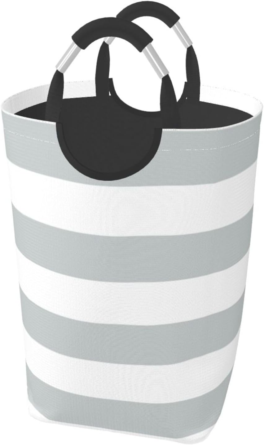 Large Laundry Basket, Striped White and Gray Laundry Hamper Bag Collapsible Washing Bin With Handles for College Dorm, Family Essentials Storage