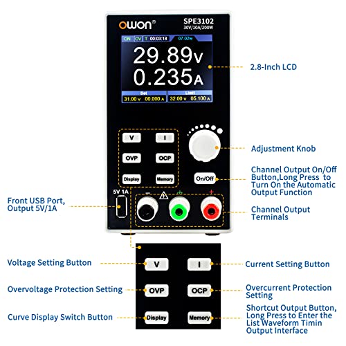 Image of OWON SPE3102 Programmable Lab Power Supply (0-30V 0-10 A), 200w Bench DC Power Supply with 2.8inch LCD Display and Output Enable /Disable Button,Single Channel Output with PC Software and USB Charging