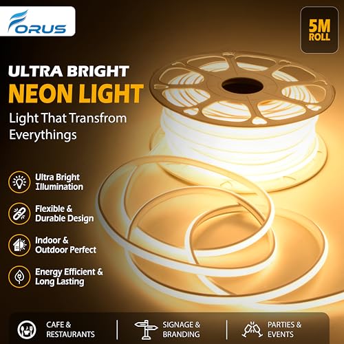 Image of Forus 5 Meter LED Neon Strip Light, 10mm Warm White Waterproof Flexible 5M COB Neon Rope Light, Cuttable LED Strip for Indoor Outdoor Wall Decor, Home, Shop, Party & Festival Lighting 1-Yr Warranty