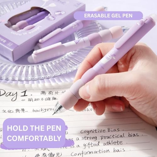 Image of Purple Erasable Gel Pens Set, Blue Ink, Cute Design with Rubber Eraser Cap, 4 Pieces, Student Writing and Office Stationery Gift Set (4-Purple)
