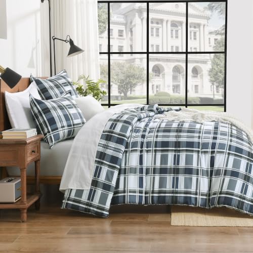 Image of Andency Navy Plaid Comforter Set Queen(90x90Inch), Gingham Checkered Grid Stripes Bedding Comforter Sets for Boys Girls Kids, 3 Pieces Preppy Geometric Line Soft Lightweight Reversible Bed Set as Gift