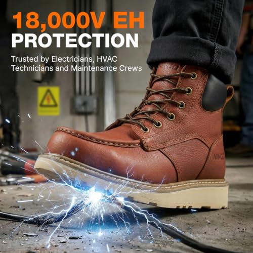 Image of NINGO Soft Toe Work Boots for Men, Moc Toe, Full-Grain Leather, EH Rated | Safety Construction Boots, Goodyear Welt, Wedge Sole, Water Resistant, Oil & Slip Resistant, for Welding, Casual Wear