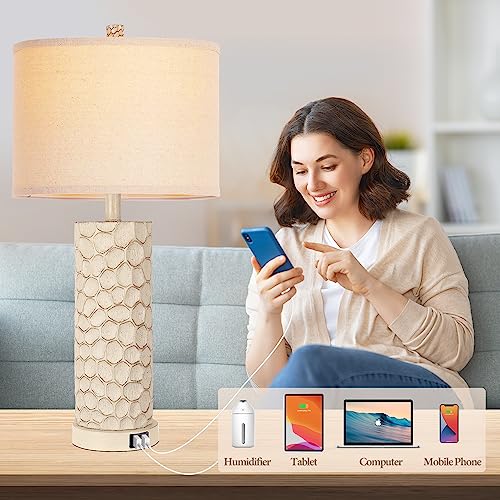 Qimh Set Of 2 Table Lamps For Living Room With 3-Way Dimmable Touch Control, Farmhouse Rustic Bedside Lamp With 2 Usb Ports, 26" Resin Nightstand Lamp For Bedroom (2700K Led Bulbs Included) #TOP3