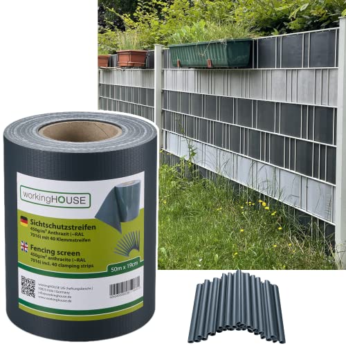 workingHOUSE 50 m PVC Sichtschutzstreifen für Gartenzaun inkl. 40 Clips (19 cm Höhe) (Anthrazit) Cover
