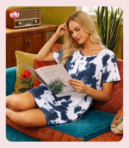 Image of ENJOYNIGHT Women Cotton Nightgown Tie Dye Nightshirt Nursing Sleepshirt