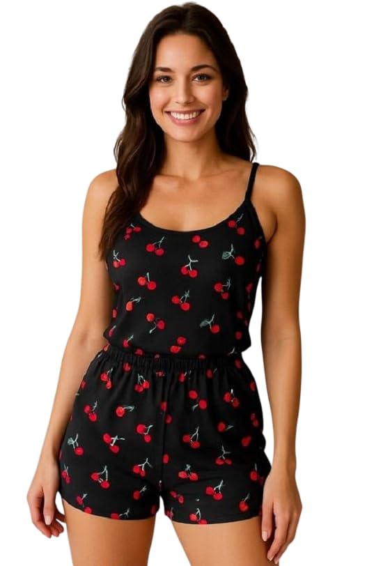 Women's Cherry Print Romper, Black, Spaghetti Strap, Elastic Waist, Sleeveless, Casual Summer Loungewear-image-12