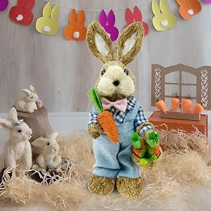 DearSun Set of 2pcs,14" H Easter Straw Bunny Figurine Tabletop Decor, Sisal Rabbit Couple Statue with Carrots&Eggs, Spring Party Garden Table Decor DearSun Set of 2pcs14 H Easter Straw Bunny Figurine Tabletop Decor Sisal Rabbit Couple Statue with CarrotsEggs Spring Party Garden Table Decor