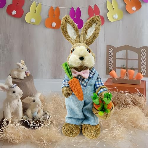 DearSun-Set-of-2pcs14-H-Easter-Straw-Bunny-Figurine-Tabletop-Decor-Sisal-Rabbit-Couple-Statue-with-CarrotsEggs-Spring-Party-Garden-Table-Decor DearSun Set of 2pcs14 H Easter Straw Bunny Figurine Tabletop Decor Sisal Rabbit Couple Statue with CarrotsEggs Spring Party Garden Table Decor
