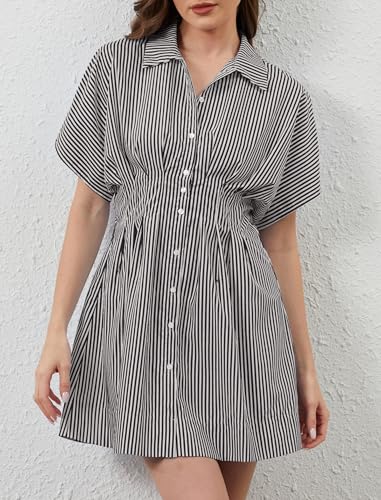 Image of Women Button Down Pleated Shirt Dress Summer Short Sleeve Blouse Striped Print Corset Mini Dresses