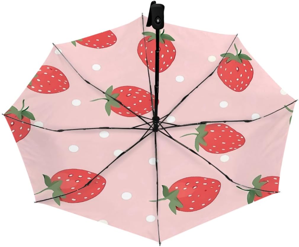 Cute Strawberry Polka Dots Folding Umbrella Windproof Compact Lightweight Travel Umbrella with 8 Reinforced Ribs, Portable UV Sun & Rain Protection for Men & Women