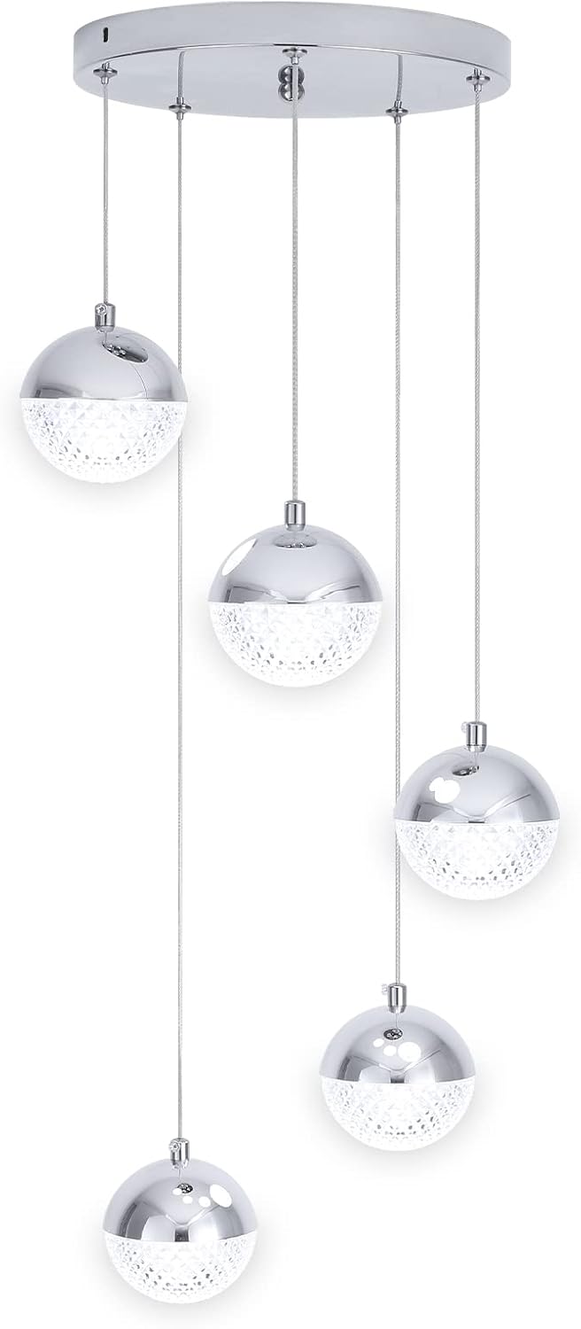 Chrome Crystal Pendant Lights 5000k Daylight White,5-Light Led Modern Brushed Nickel Light Fixtures Ceiling Hanging, Glass Globes Pendant Lighting for Kitchen Island Bedroom Dining Room Foyer 5 light-Silver