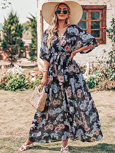 Image of ANRABESS Womens Boho Floral Wedding Guest Maxi Dress | Flowy A-Line Chiffon with Slit, Elegant V Neck Wrap Elastic Waist, Casual 1 /2 Sleeve Spring Summer Outfits, Tea Party