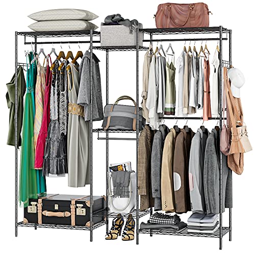 JustRoomy Heavy Duty Clothes Rack 5-Tiers Wire Shelving Garment Rack Extra Large Clothing Rack with Hanging Rods, 7 Wire Shelves & 1 Pair Side Hooks - Hold Up to 650 Lbs (Black)