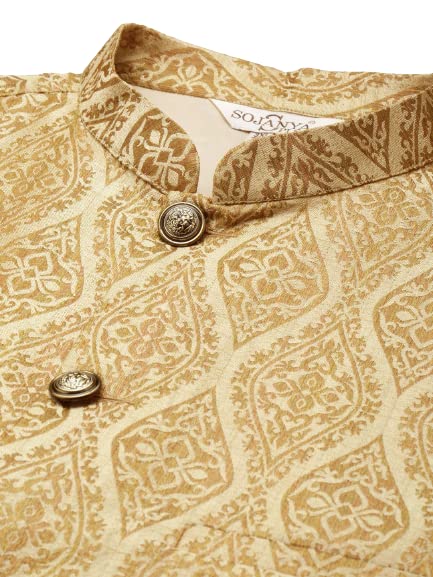 Image of SOJANYA (Since 1958) Men's Silk Blend Dark Green Kurta & Silk Blend Nehrujacket With Off White Churidar Pyjama Set