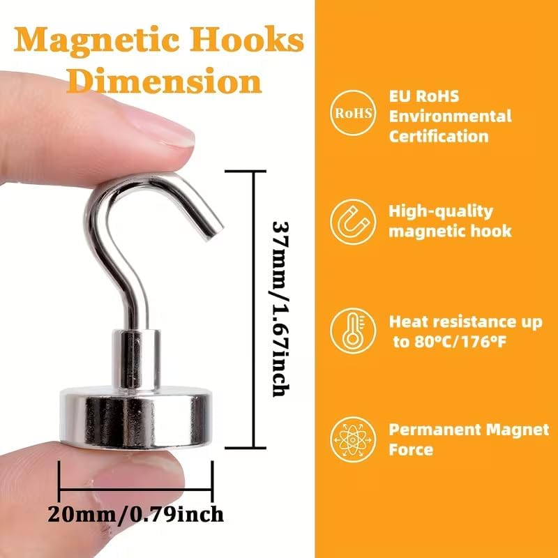 Magnetic Hooks 80 lb Capacity Heavy-Duty Strong Magnetic 6-Pack for Cruise Cabins, Outdoor Camping, Kitchen and Home, Silver