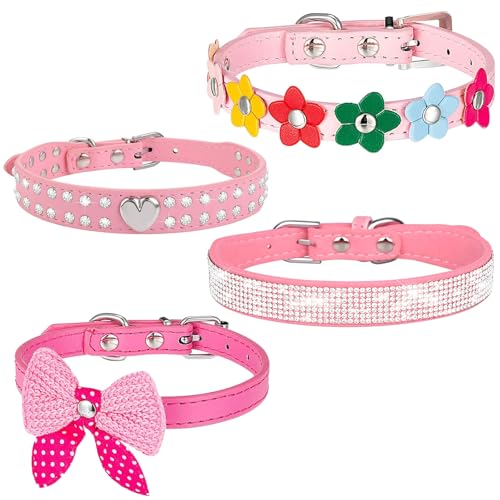 Suiecuor 4 pezzi collare per cani in pelle collare borchie cane Collare cane con strass Collare cani di piccola taglia adatto per cani e gatti di piccola, media taglia Rosa XS