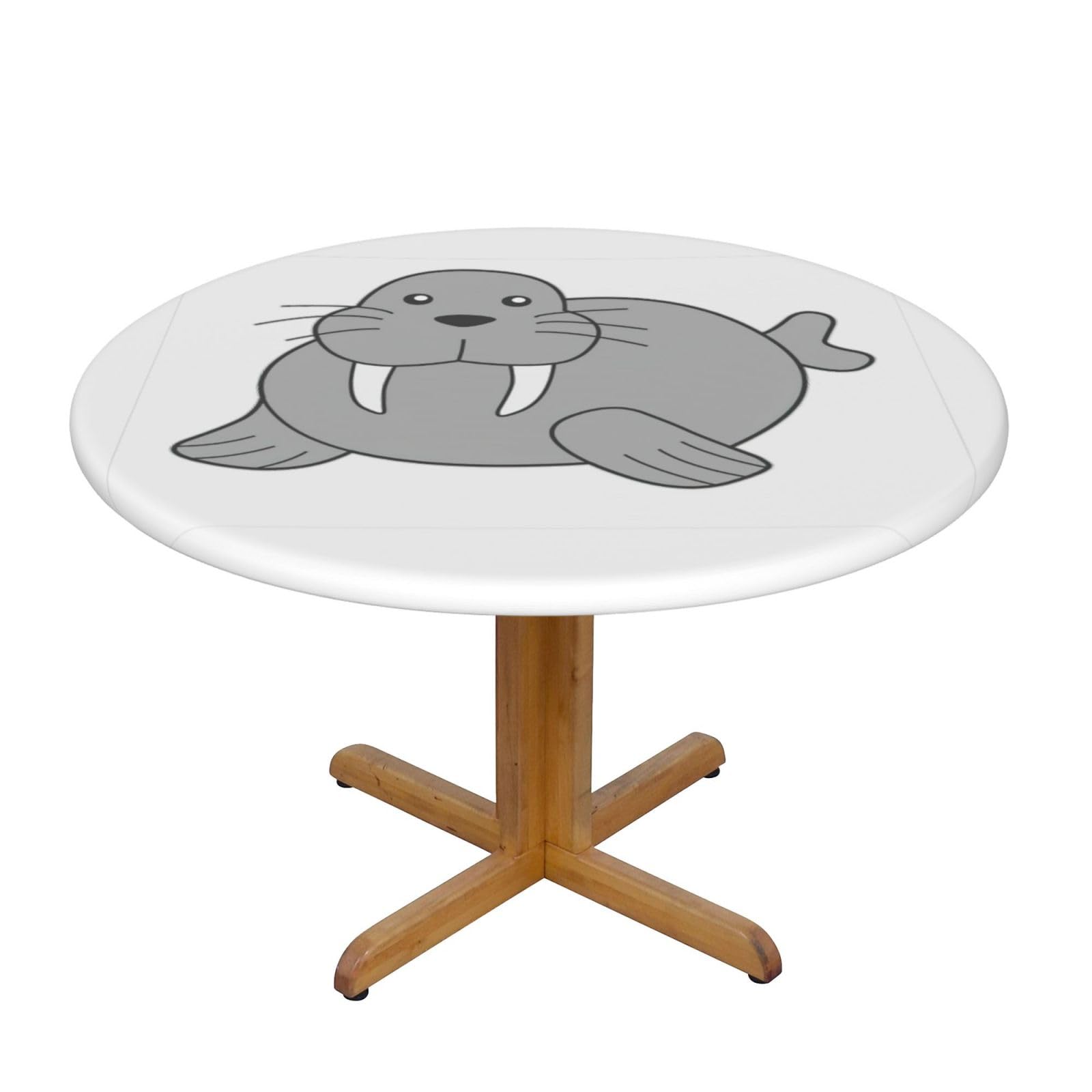 DUWAA Walrus Print Oxford Fitted Table Cover For Patio Picnic, Waterproof Round Tablecloth For Home And Outdoor