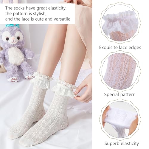 Image of Women Lace Ruffle Socks White Black Frilly Lolita Crew Dress Socks | Womens Ankle Lacy Ruffled Socks Adult Cute Soft Cotton Thin Sexy Mesh Lace Trim 80s Casual Church Socks for Ladies Big Girls