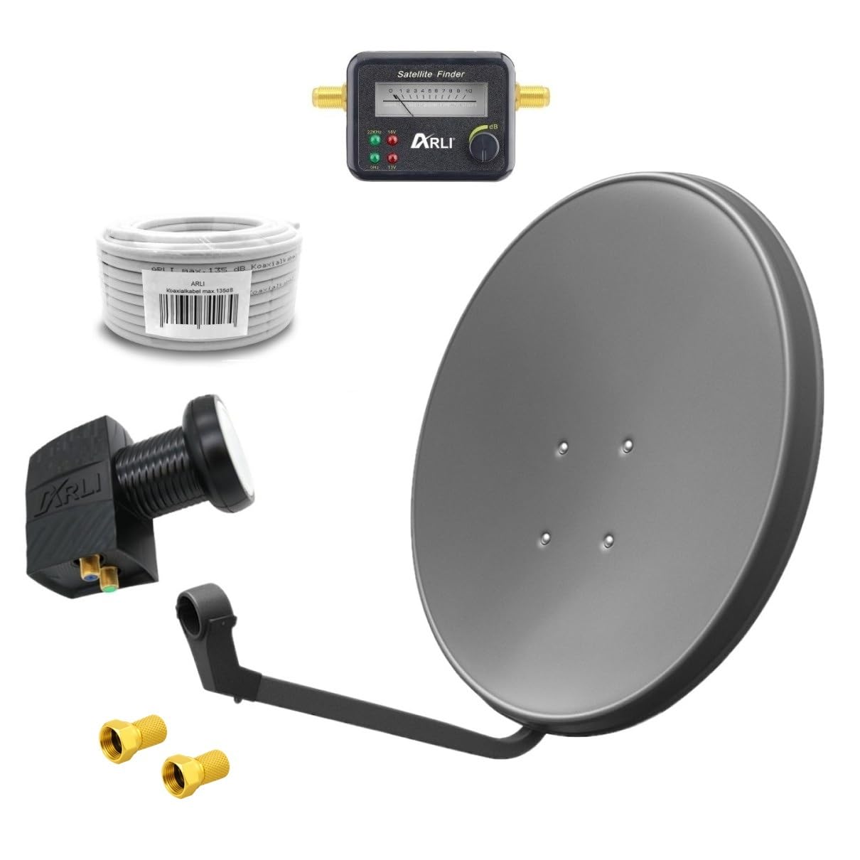 Antena satelitarna 60 cm HD Twin LNB 15 m Koaxialkabel 135 dB Satfinder 2 F-Stecker Digital 2 Teilnehmer UHD 4K