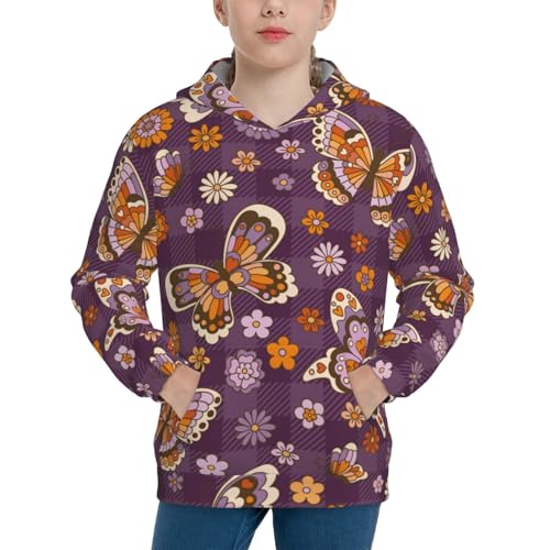 Buffalo Plaid and Butterflys Kids Pullover Hoodies Boys Sweatshirts Girls Athletic Clothes with Pocket