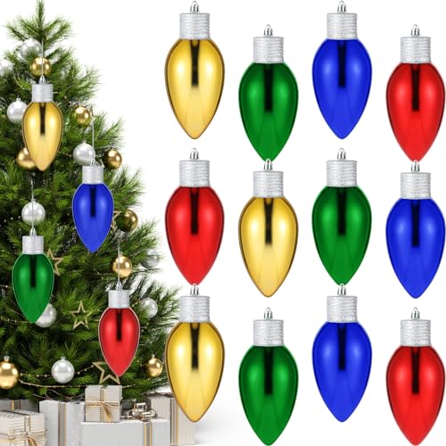 Lenwen 12 Pcs 6 Inch Christmas Lightbulb Ornament Hanging Plastic Colorful Bulbs Shaped Ornament for Christmas Tree Front Door Xmas Yard Decor(Red, Gold, Green, Blue)