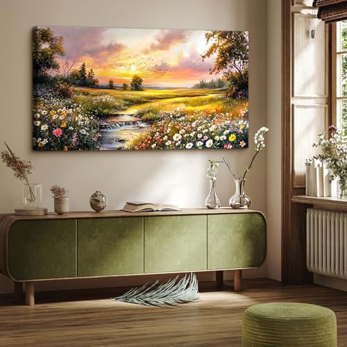 crmotu Nature Sunset Wall Art, Pastoral Extra Large Landscape Painting, River Meadow Wildflower Canvas Prints, Rustic Wall Pictures for Living Room Dining Room Farmhouse Decor Ready to Hang 30X60 In