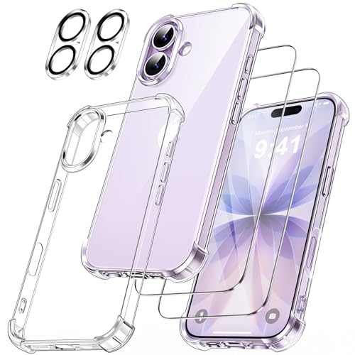 FLLAO 5 in 1 Handyhülle für iPhone 17 Hülle mit 2 Schutzfolie & 2 KameraSchutz, [Integriertes Luftkissen] Stoßfest Kratzfest Weich TPU Schutzhülle für iPhone 17, Transparent