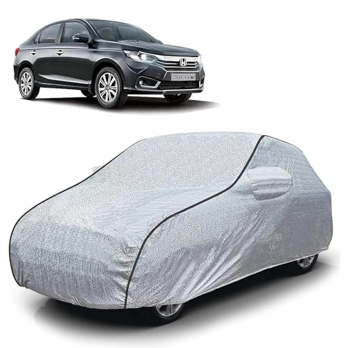 Image of Sulfar 100% Waterproof Car Body Cover Compatible with Mirror for Honda Amaze (Triple Stitched, Full Bottom Elastic, Magic Silver with Black Piping)