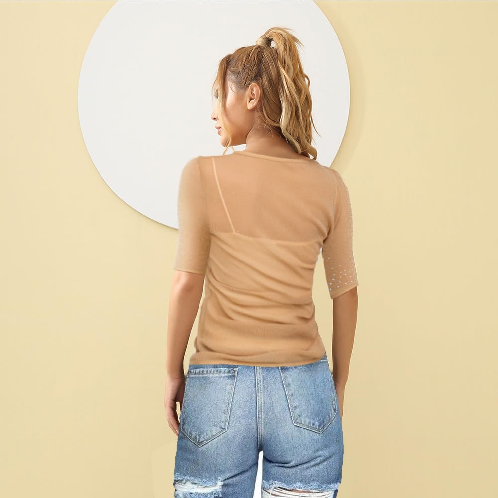 ROYAL SMEELA Haut à paillettes pour femme - T-shirt sexy à manches courtes en maille transparente