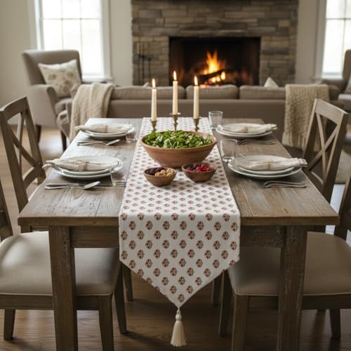 Image of COZY FURNISH Elegant Floral Microfiber Cotton Runner & Dining Table Runner - Tassel Design for 6 Seater Table | Stylish Home Decor Linen