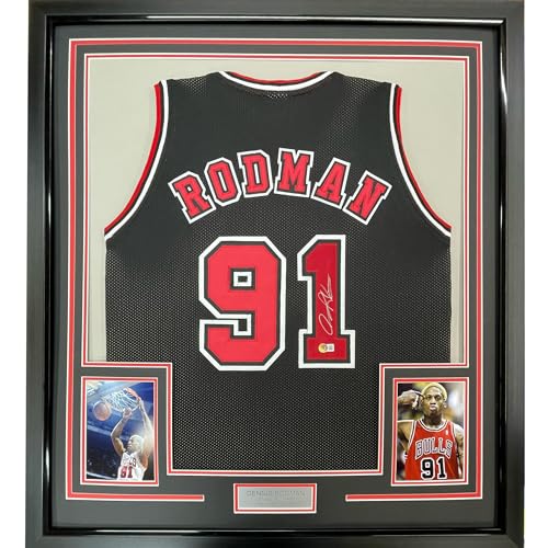 Framed Autographed/Signed Dennis Rodman 33x42 Chicago Black Basketball Jersey JSA