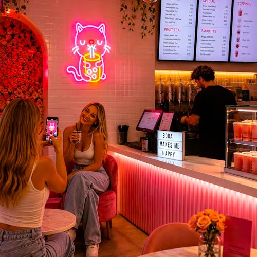 Image of Neon Sign, Cat Neon Signs for Wall Decor LED Signs Neon Light | Cat Neon Sign, Cat Boba Tea Led Sign for Bedroom, Kids Room, Business, Cafe, Party, Bar, Home Decor, Gift, USB Powered