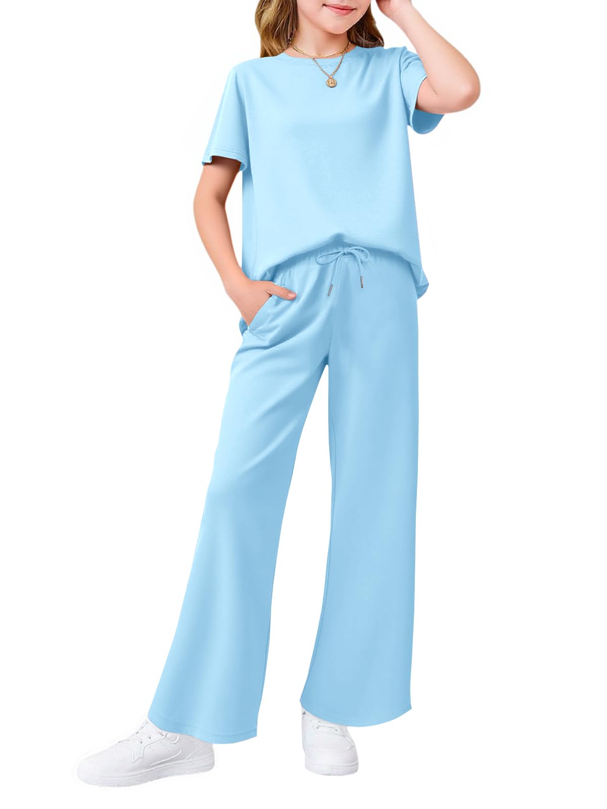 Haloumoning Girls 2 Piece Outfits Kids Fashion Short Sleeve T Shirts Wide Leg Pants Clothing Sets 5-14 Years