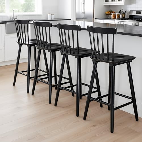 Butacos de altura para barra chairus de madera negros, estilo rústico/farmhouse, con respaldo de varillas y reposapiés, juego de 4
