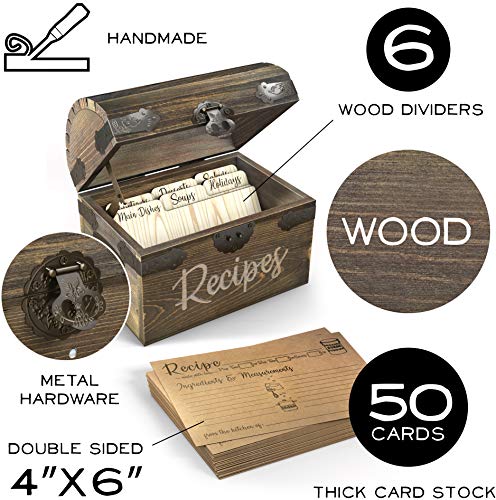 Wooden Recipe Box With Cards & Dividers - 50 Double Sided 4X6 Recipe Cards Included - 6 Wood Dividers - Premium Handcrafted Quality - Ideal Gift - Wedding, Birthday, Anniversary, Mother's Day #TOP1