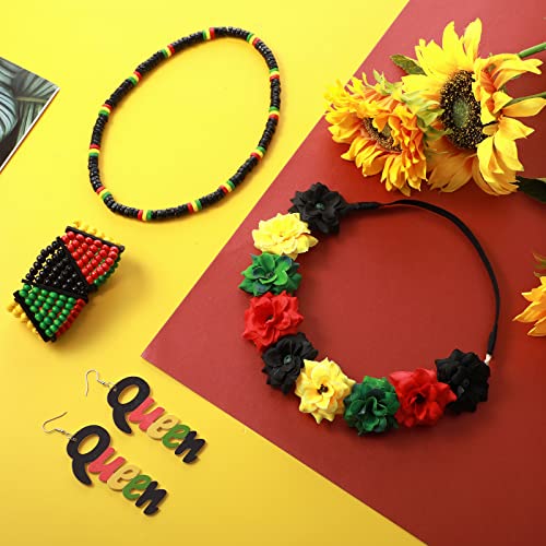 4 Pieces Multicolor Beaded Jamaican Bracelet Wood Dangle Pierced Earrings Floral Flower Crown Stretch Headband Rasta Beads Necklace #TOP3