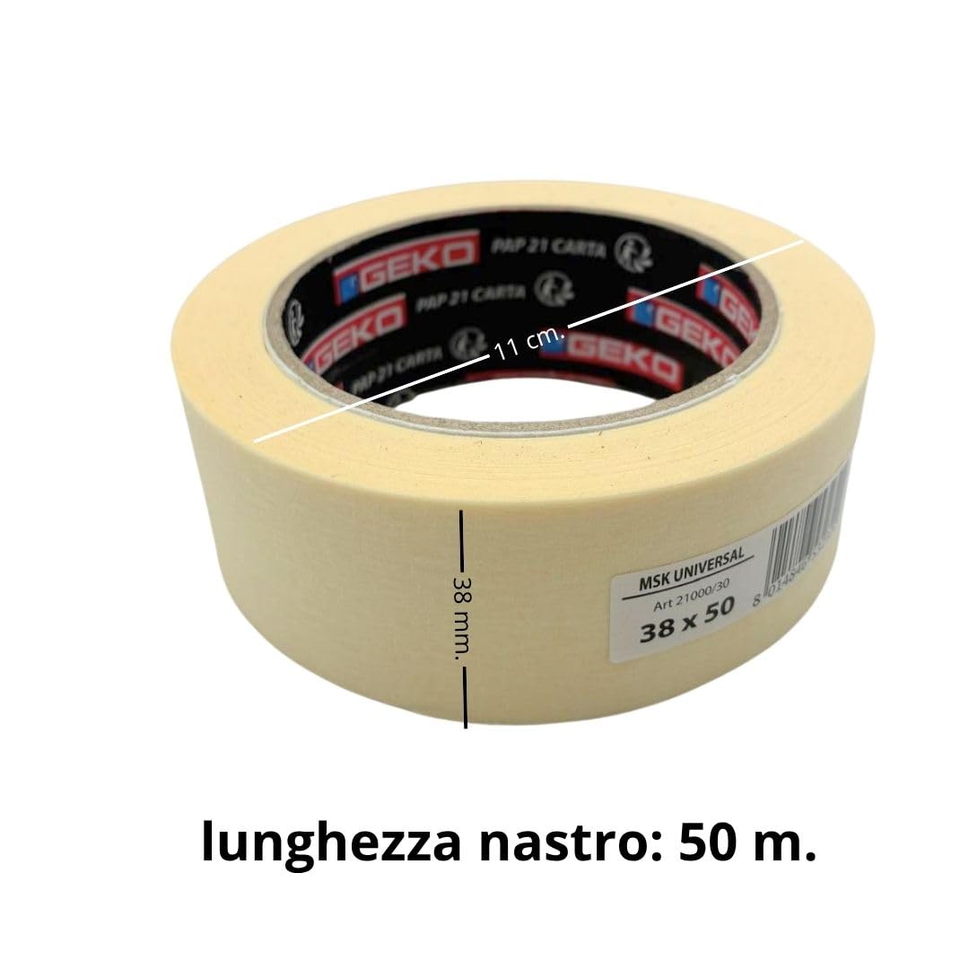 Nastro Carta per Mascheratura GEKO 38 mm x 50 m – Nastro Adesivo per Imbianchino, Verniciatura, Pareti e Fai da Te – Alta Tenuta, Rimozione Senza Residui – Ideale per Pittura e Precisione (12)
