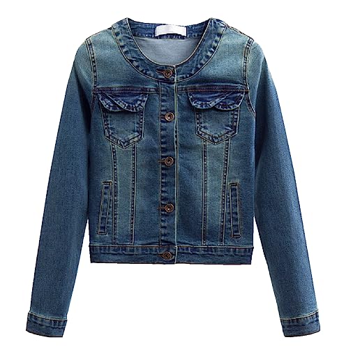 TRENDY XU Long Sleeve Collarless Short Cropped Elastic Jeans Coat