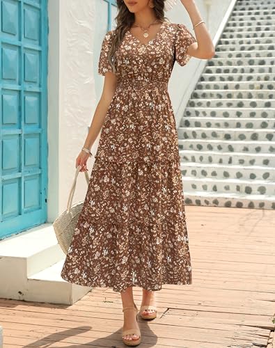 Zattcas Womens 2025 Long Summer Dress Short Flutter Sleeve V Neck Casual Smocked Tiered Modest Floral Boho Maxi Dress4