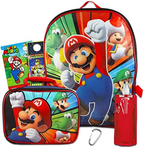 Mario Shop Super Mario Backpack With Lunch Box For Kids ~ 4 Pc Bundle Featuring Mario, Yoshi, and Luigi, With School Bag, Stickers, Lunch Bag And More | Nintendo School Supplies