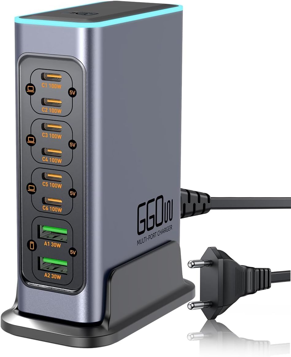 Szybka ładowarka USB C 660 W, 8 portów GaN-, szybka ładowarka z portem PD 100 W do wielu urządzeń, ładowarka do laptopa kompatybilna z MacBookiem, iPhone'em 17, iPadem itd.